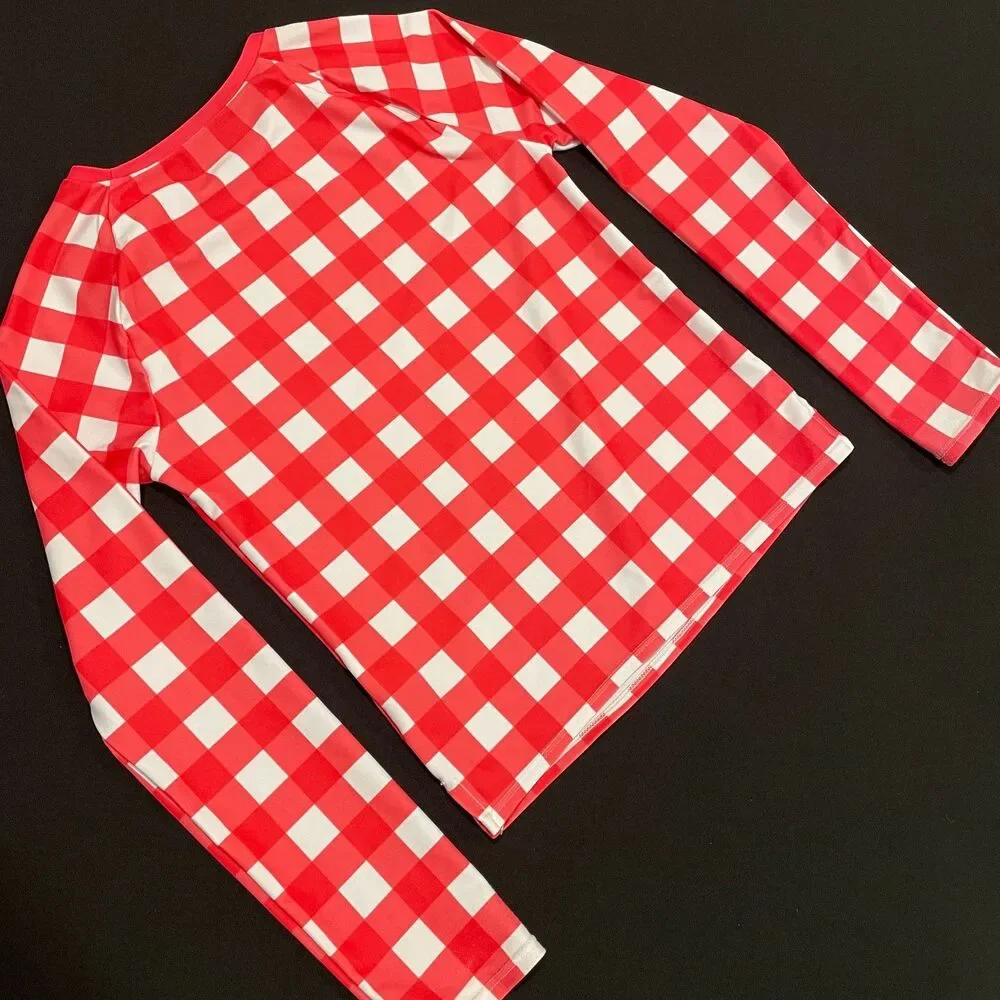 ~ GAP Kids Med Rashguard Red/White Swim Shirt Checker Stretchy Long Sleeves Sun